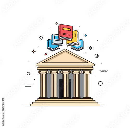 Ancient library in a cyber era featuring a classical columned building paired with holographic book projections above the entrance, expressing preservation of