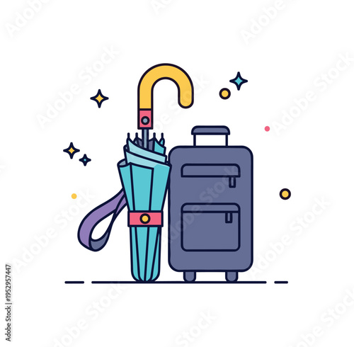 Compact travel umbrella folded umbrella with strap resting beside a small suitcase silhouette, representing portability and preparedness for changing weather.