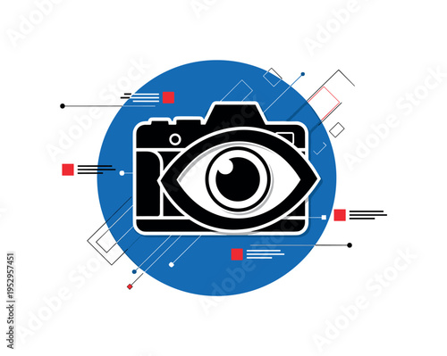 A monochrome silhouette of a person duplicated in offset layers to suggest multiple avatars, large deep blue circle grounding the composition, thin diagonal