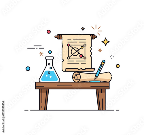 Ancient alchemist workspace featuring a small wooden table with a flask, scroll, and simple geometric diagram, expressing curiosity and early scientific