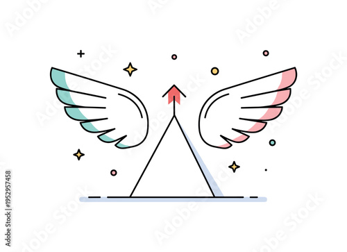 Divine guidance metaphor illustrated as open wings framing a simple path line leading upward, symbolizing direction and spiritual journey. The
