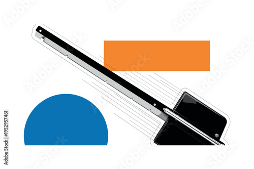 Black and white vintage paper cutter viewed from top, blade forming a strong diagonal across the layout, bold blue circle anchoring one corner and orange block