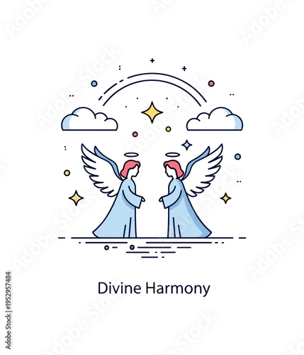 Pair of winged angels serene heavenly scene with two symmetrical angel silhouettes facing each other beneath a soft cloud arc, small star accents suggesting