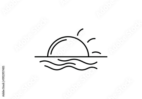 Sunrise or sunset over water, simple line icon for travel or nature concept