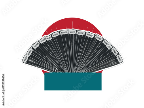 Realistic black and white bundle of clip-in hair extensions arranged in fan shape, vibrant deep red circle centered behind the clips, bold teal rectangular