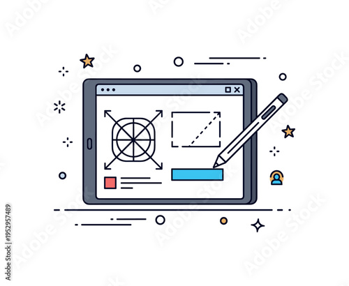 Design project process tablet screen displaying simple wireframe layout with stylus nearby, conveying digital creation and iterative refinement. Minimalist