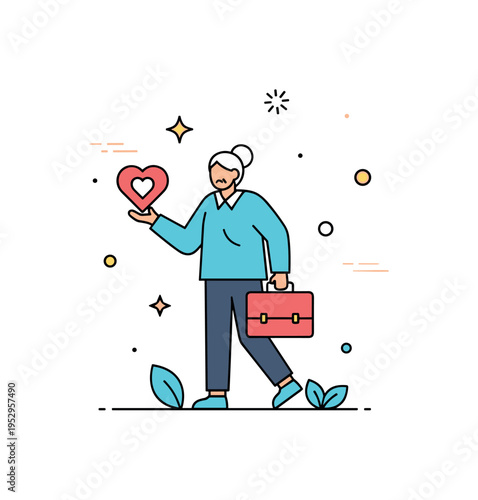 Purpose driven work in later life represented by a mature volunteer figure holding a heart icon and briefcase, expressing meaningful engagement