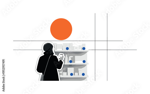 Black and white scene of overturned backpack on ground with animal shadow cast across it, large deep red circle partially hidden behind the shadow, thin black