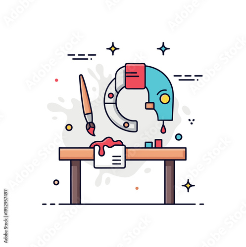 Cosplay prop making scene shown as a small workbench with paintbrush and stylized accessory piece, communicating handcrafted detail and artistic finishing