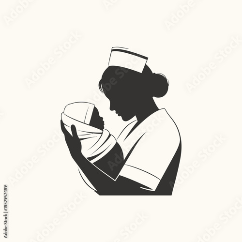 Silhouette illustration of a nurse holding a newborn baby, symbolizing healthcare and maternal care.