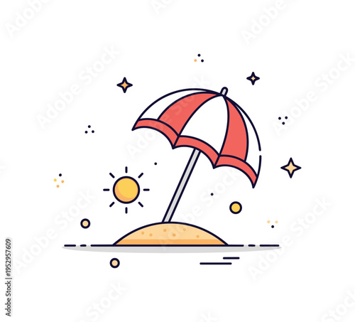 Sunny beach umbrella open parasol planted in sand beside a small sun icon, expressing shade, relaxation and summer leisure. Minimalist flat vector