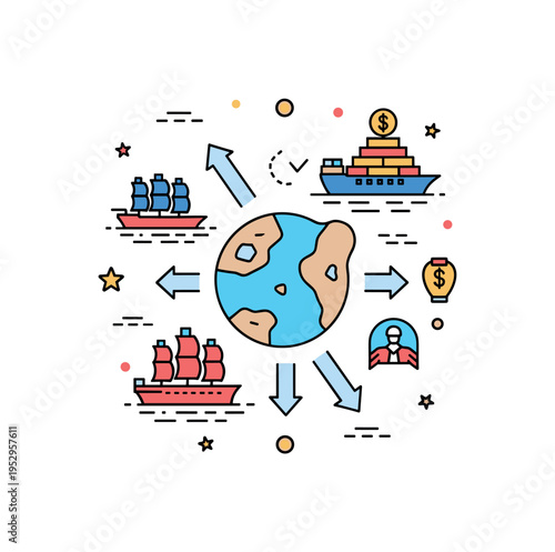 Economic resource extraction concept centered on a simplified landmass icon with arrows pointing toward ships and stacked goods symbols, expressing trade,