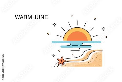 Warm June horizon stylized sun sinking into calm sea with a small starfish and smooth sand curve in the foreground, capturing the softness and warmth of early