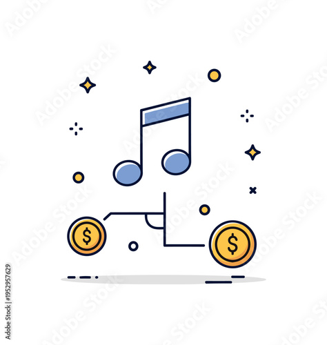 Royalty and revenue concept compact scene with music note icon connected to small coin symbols, symbolizing monetization models and financial impact on