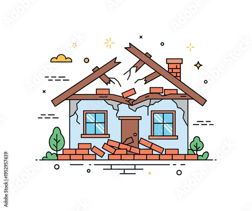 Urban disaster aftermath featuring a partially collapsed house with broken roof beams and fallen bricks gathered into a tight visual metaphor of vulnerability