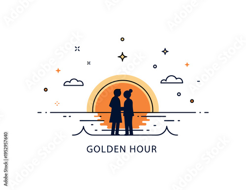 Romantic sunset seaside silhouette scene with two minimal figures standing close together against a large glowing sun touching the horizon, gentle wave line