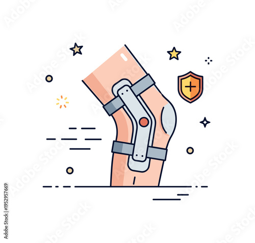 Post injury rehabilitation featuring a knee joint supported by a brace and small motion lines suggesting careful movement, expressing stability, protection,