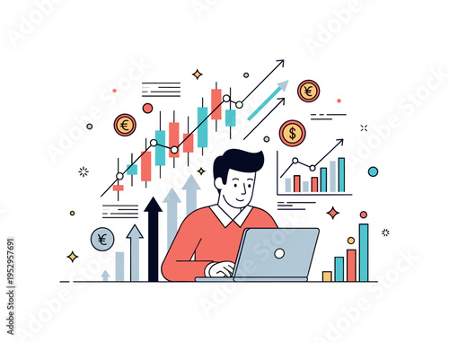 Modern stock trader focused on a laptop with simplified rising charts and upward arrows, symbolizing digital markets and fast paced financial decisions. Small