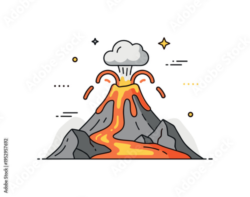 Volcanic eruption landscape built around a stylized volcano with flowing lava and a small smoke cloud, symbolizing raw energy, transformation, and the dynamic