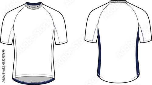 Front and back view of a white short sleeve t-shirt with teal side panels and raglan seams raglan sleeve