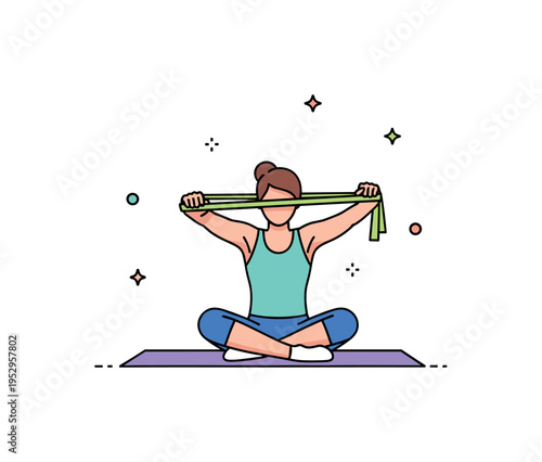 Home workout flexibility training illustrated by a person seated on a mat pulling a strap across the shoulders, expressing improved range of motion and upper