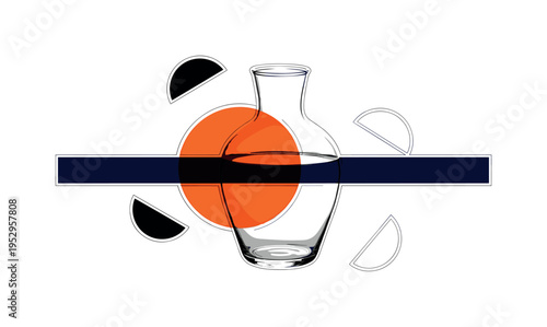 Black and white transparent vase with visible water line, oversized orange circle intersecting the glass form, deep navy horizontal band defining surface