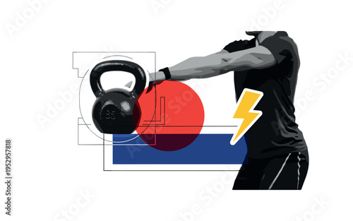 Black and white kettlebell enlarged in foreground with athlete blurred behind mid-swing, bold red circle directly behind the kettlebell as focal spotlight,