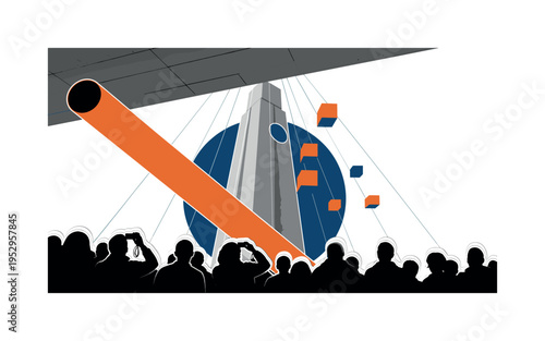 A monochrome low-angle view of a crowd in silhouette gazing up, the monument partially cropped at the top edge, geometric orange cylinder