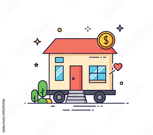 Affordable housing alternative tiny movable house with small coin icon and subtle heart accent, symbolizing financial freedom and intentional lifestyle design.