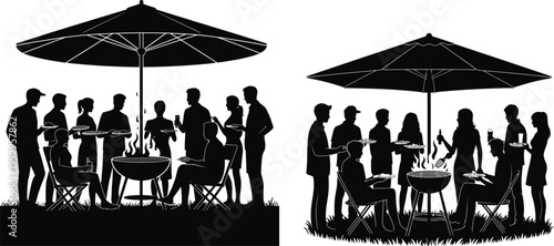 Two black silhouette scenes of families at a barbecue party