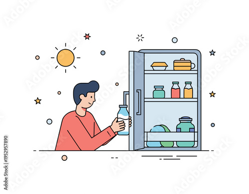 Morning routine scene with a person opening the fridge to grab a simple milk bottle, expressing daily habits and quiet early hours. Soft sun accent and