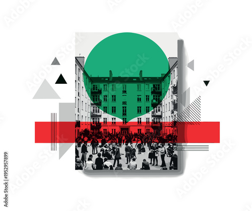 Black and white courtyard surrounded by residential buildings with figures gathered in the center, oversized emerald green circle unifying the communal space,