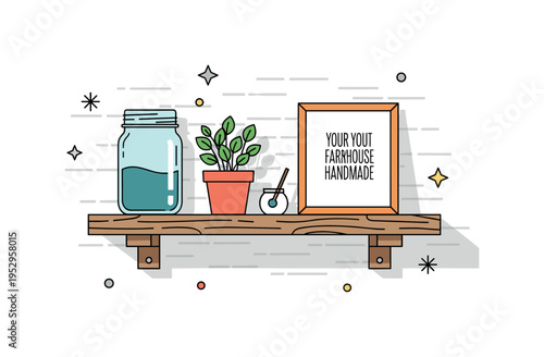 Rustic home decor collection wooden shelf with mason jar, small potted plant and framed quote leaning against a textured wall, expressing cozy farmhouse charm