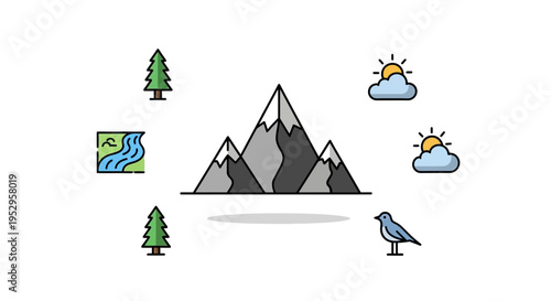 Mountain range with trees and bird.