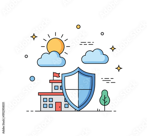 Climate risk assessment for companies represented by a shield protecting a small business building from sun and cloud icons symbolizing proactive resilience