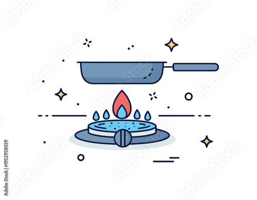 Gas stove burner close up of a single circular burner with visible blue flame and a small pan above, symbolizing heat control and precise cooking. Minimalist