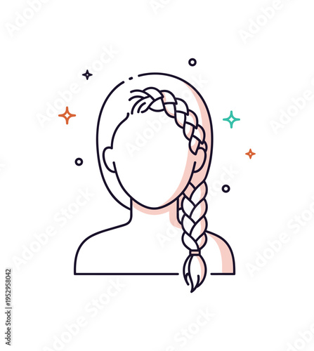 Braided hairstyle inspiration illustrated with a smooth head outline featuring a detailed yet minimal braid pattern flowing over one shoulder, expressing