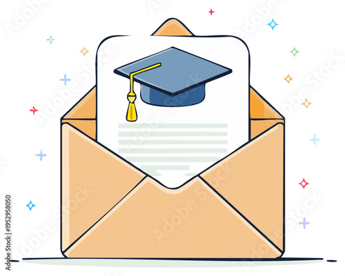 An open envelope reveals a college acceptance letter with a blue graduation cap.