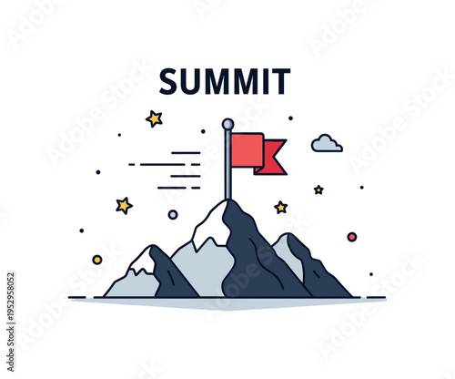 Summit achievement section featuring a flag planted on a mountain peak with subtle motion lines, symbolizing accomplishment and perseverance. The composition