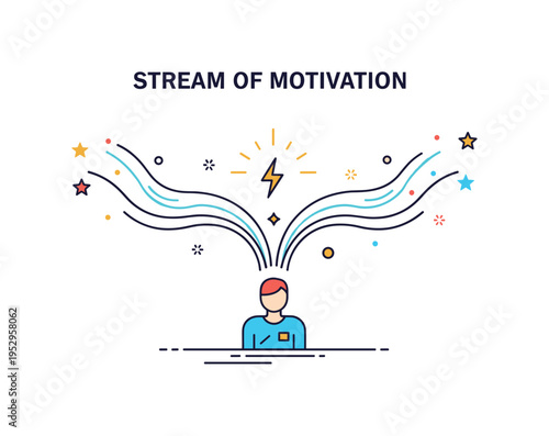 Stream of motivation breakthrough moment theme showing flowing lines converging into a small lightning bolt accent above a determined figure. The illustration
