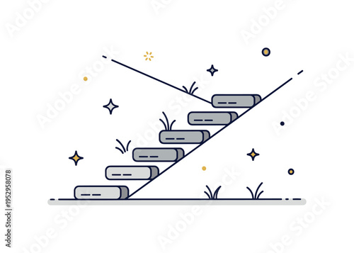 Outdoor hillside stone steps showing a short stepped path integrated into a minimal slope silhouette, expressing natural integration and scenic ascent. The