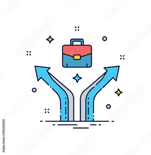 Late life career change concept with two pathway arrows converging toward a briefcase icon symbolizing new direction and purposeful transition. Balanced
