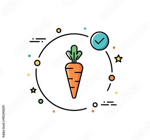 Healthy vegetable concept badge stylized carrot icon inside circular frame with small check mark accent, representing balanced diet and plant based nutrition.
