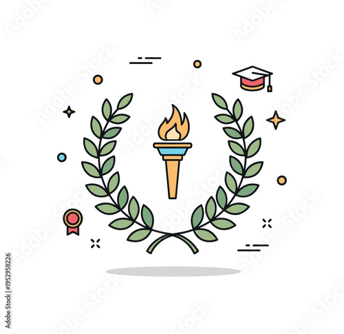 Roman gods in modern symbolism compact composition of a laurel wreath encircling a small torch icon, reflecting ancient motifs still present in awards,