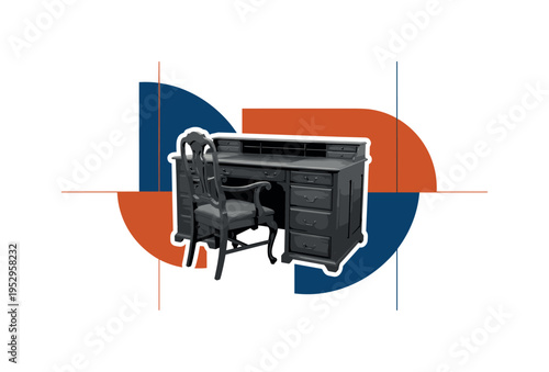 Black and white vintage wooden cabin centered in composition, bold earthy brown circular backdrop intersected by muted terracotta semicircles, thin black