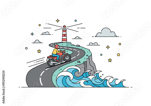 Coastal cliff ride motorcycle following a curving road above ocean waves with a lighthouse in the distance, conveying fresh sea air, movement, and a sense of