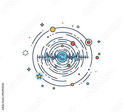 Big Bang aftermath illustration with a central expanding wave circle and subtle particle dots symbolizing primordial radiation and cosmic expansion. Soft glow