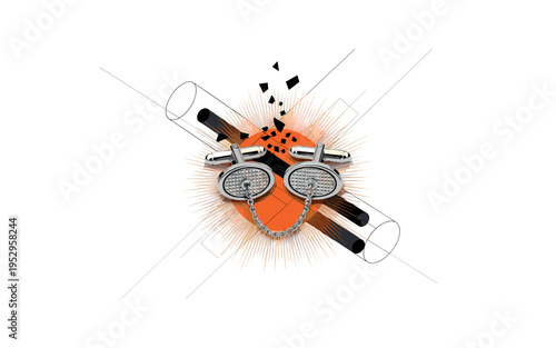 monochrome pair of cufflinks connected by chain, centered with orange circular burst behind and black geometric fragments subtly dispersing, abstract