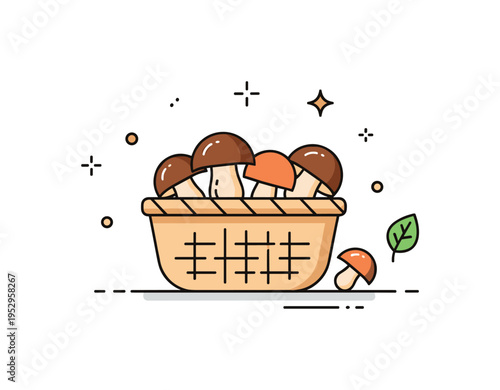 Wild mushroom foraging theme shown as a simple basket holding neatly arranged mushrooms with a tiny leaf icon beside it, expressing outdoor exploration and