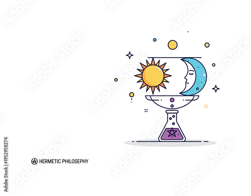 Hermetic philosophy illustration showing a stylized sun and moon balanced above a small flask, symbolizing duality and unity within transformation practices.